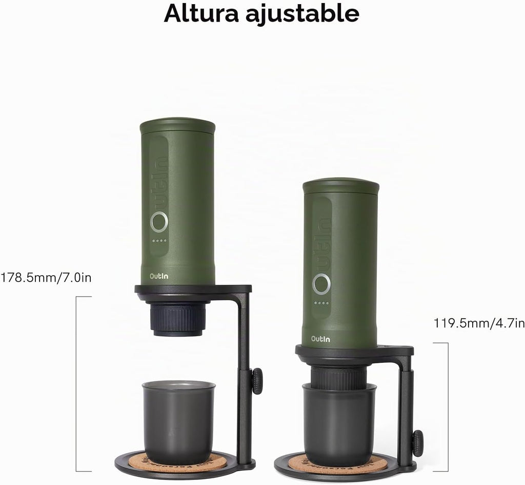 OutIn Nano Máquina de café espresso eléctrica portátil verde bosque con soporte de café con almohadilla de corcho