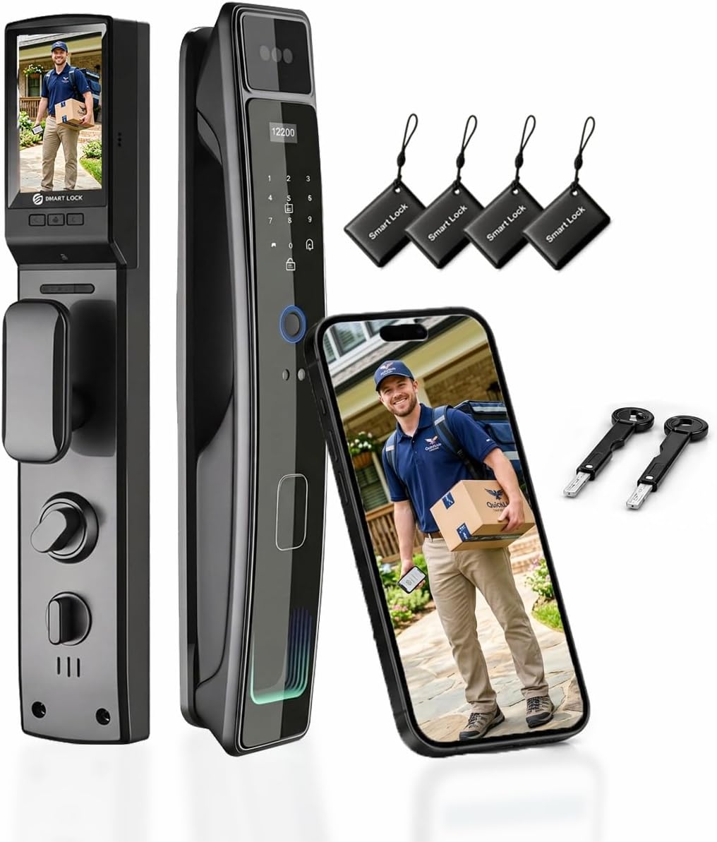 Cerradura de puerta inteligente con cámara y reconocimiento facial 3D, cerradura de puerta de entrada sin llave con huella digital, contraseña, tarjeta IC, control de aplicación y timbre, cerradura de embutir segura para puerta delantera (aplicación