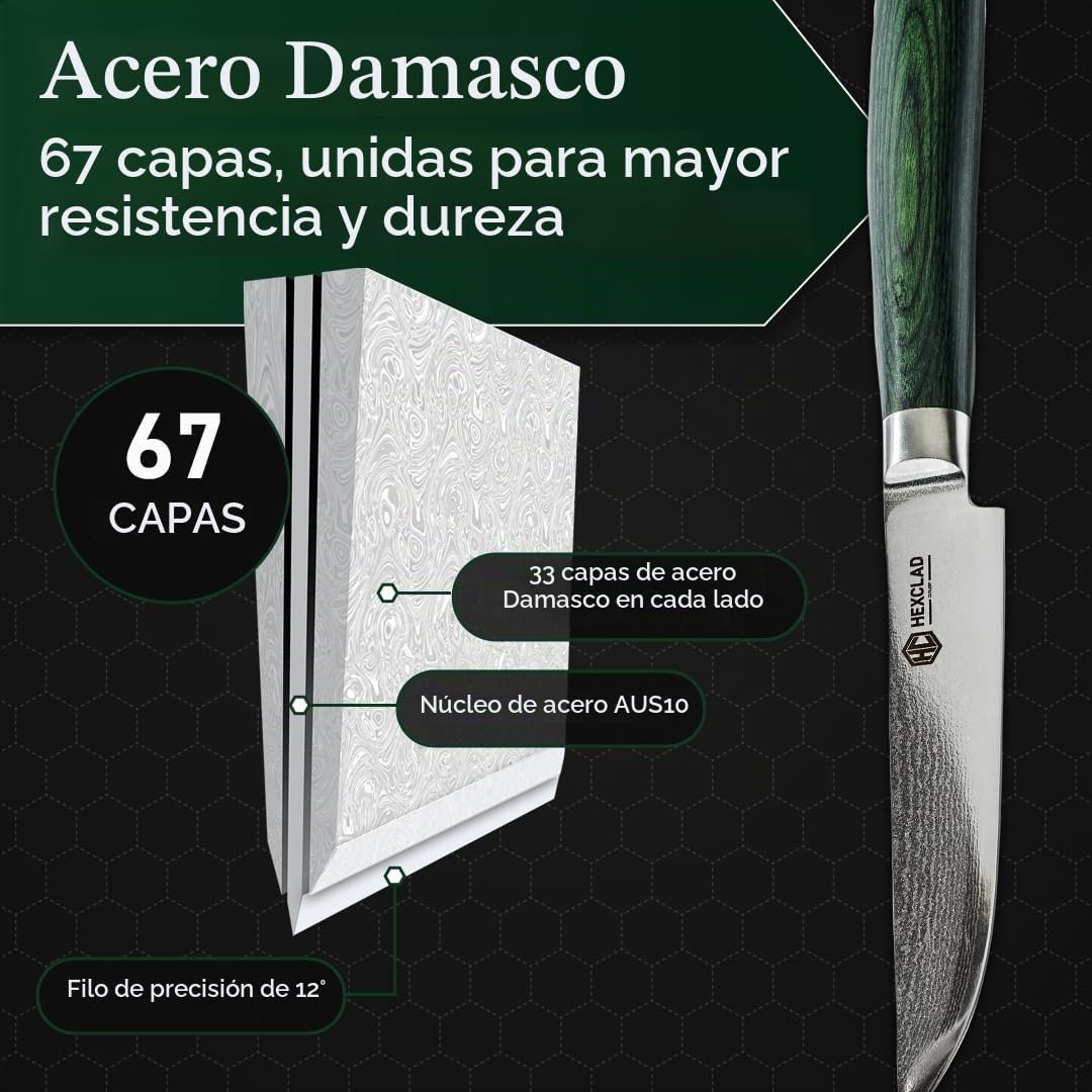 HexClad Juego de cuchillos para carne de acero Damasco de 4 piezas, espiga