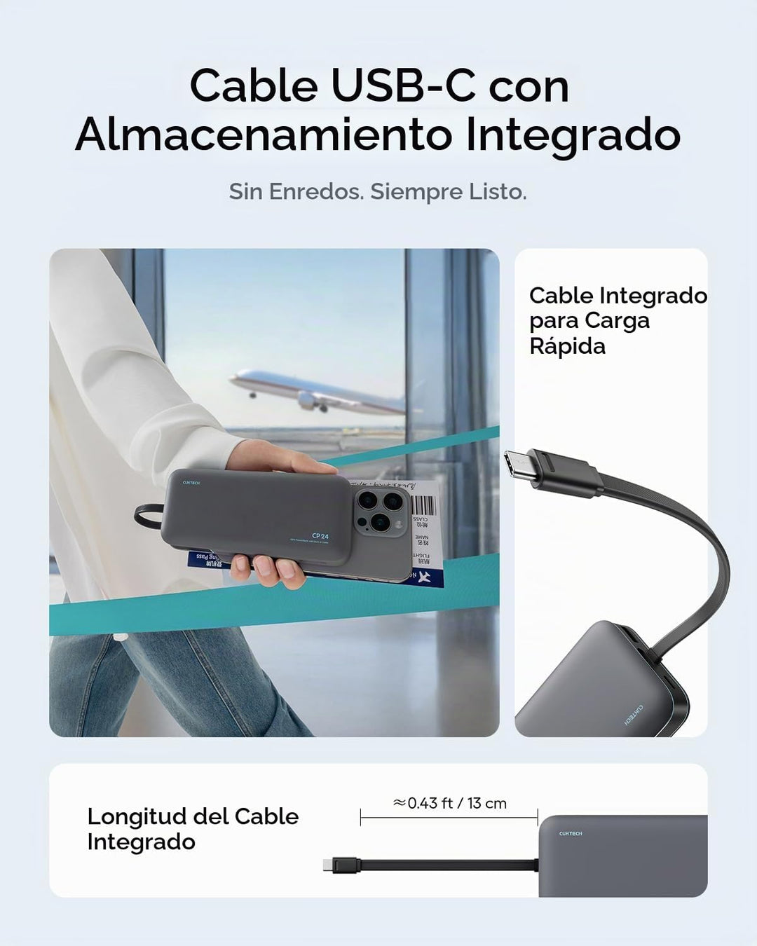 CUKTECH Banco de energía de 20,000 mAh con cable USB-C integrado, c...