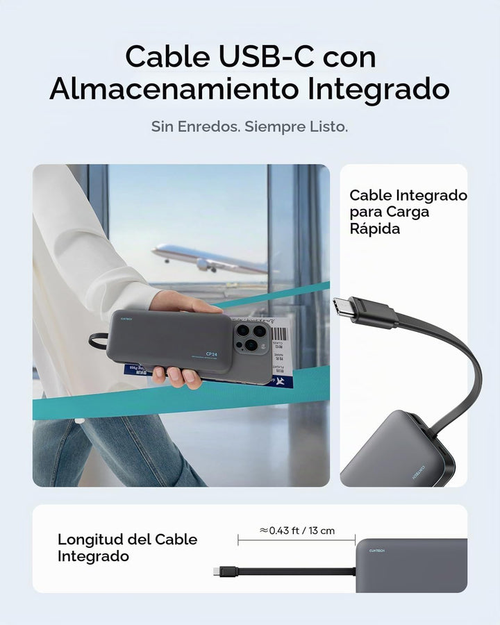 CUKTECH Banco de energía de 20,000 mAh con cable USB-C integrado, c...