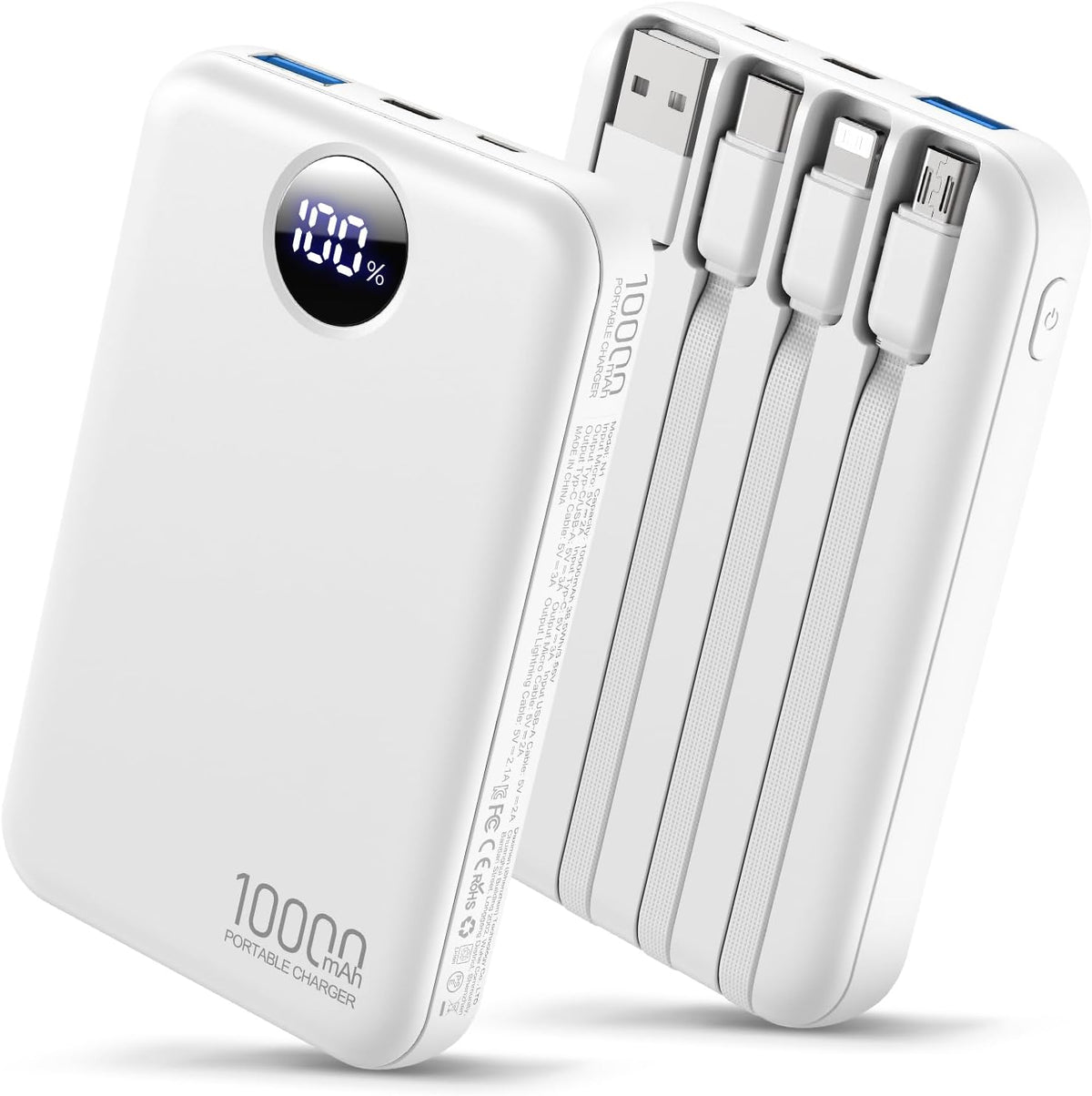 Cargador portátil de 10000 mAh con 4 cables integrados, Negro