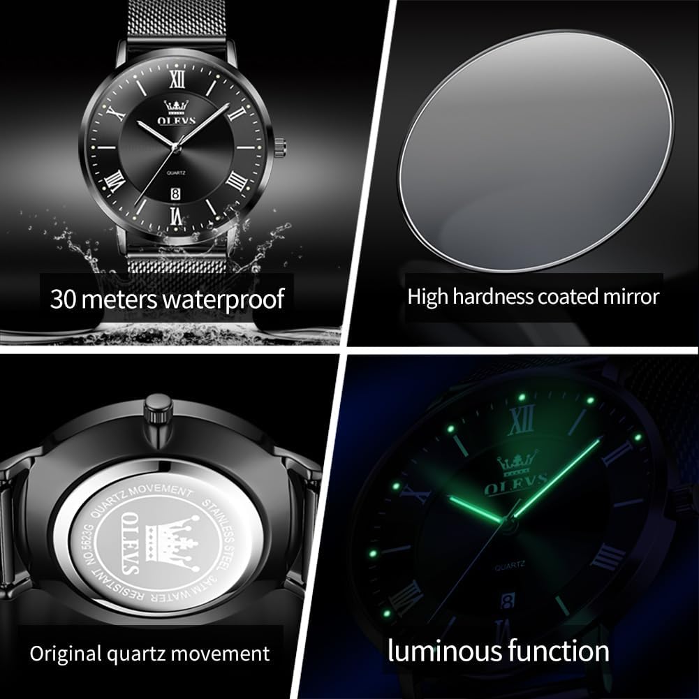 OLEVS Relojes de oro para hombre, analógico, de cuarzo, para negocios, de vestir, día fecha, acero inoxidable, clásico, de lujo, luminoso, impermeable, casual, relojes de pulsera masculinos