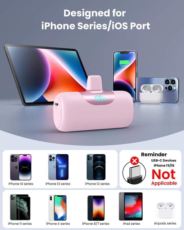 Mini cargador portátil para iPhone, batería mejorada de 22.5 W PD d...