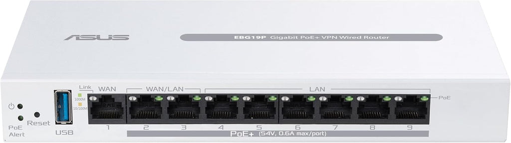 ASUS ExpertWiFi EBG19P Gigabit PoE+ VPN enrutador con cable, 8 puertos PoE+, 123W