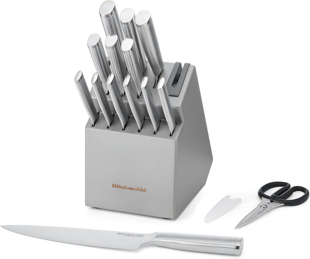 KitchenAid Juego de Cuchillos Gourmet con Bloque y Afilador Integrado, 15 Piezas, Acero Inoxidable