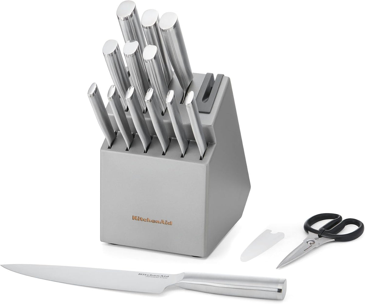 KitchenAid Juego de Cuchillos Gourmet con Bloque y Afilador Integrado, 15 Piezas, Acero Inoxidable