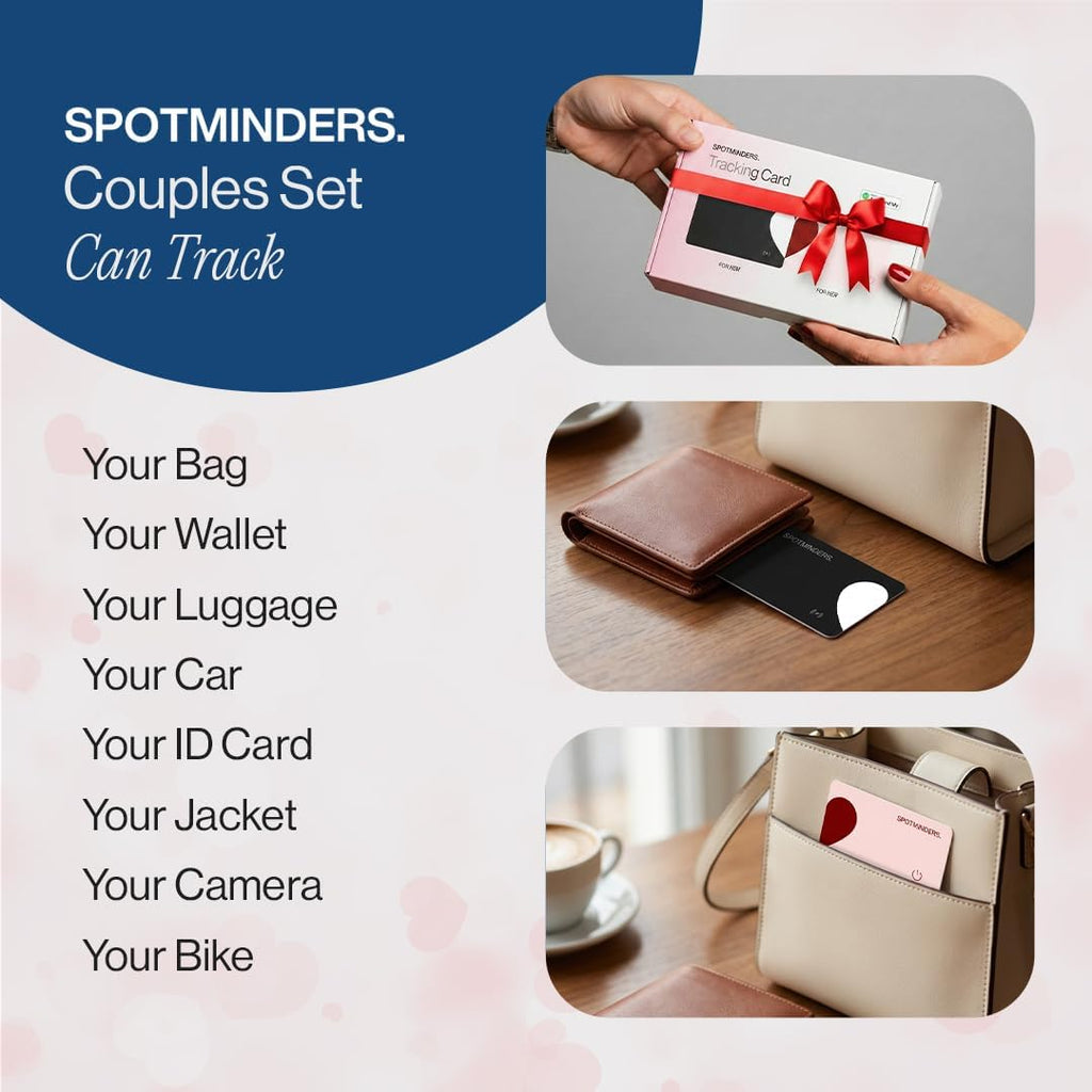 SPOTMINDERS - Paquete de 2 rastreadores de cartera con certificación MFi de Apple, color negro y rosa (solo iOS), paquete de viaje para parejas, 0.07 pulgadas, funciona con Apple Find My recargable, buscador de artículos delgado para equipaje, pasaporte