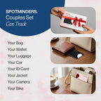 SPOTMINDERS - Paquete de 2 rastreadores de cartera con certificación MFi de Apple, color negro y rosa (solo iOS), paquete de viaje para parejas, 0.07 pulgadas, funciona con Apple Find My recargable, buscador de artículos delgado para equipaje, pasaporte