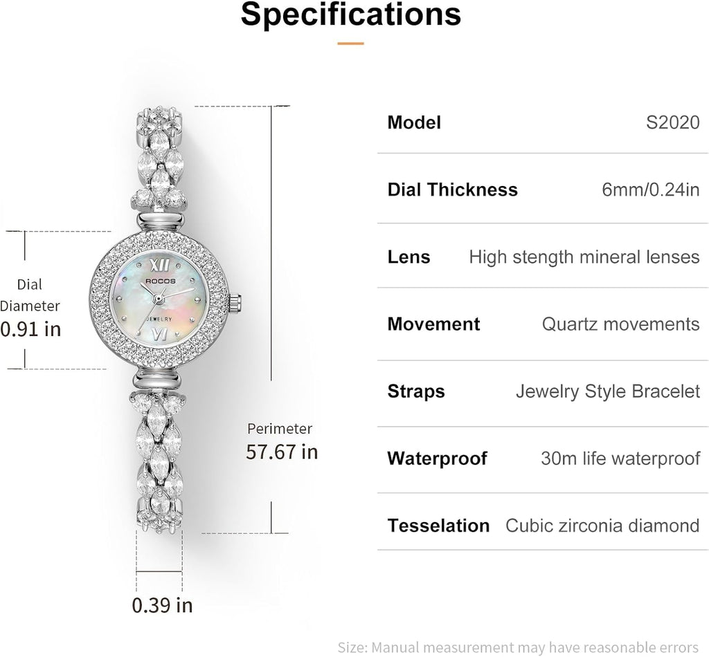 ROCOSJEWE S2020 Reloj de pulsera de lujo con diamantes para mujer, reloj de vestir plateado para mujer, reloj de pulsera de esfera natural con esfera de madreperla pequeña, movimiento de cuarzo, joyería de moda
