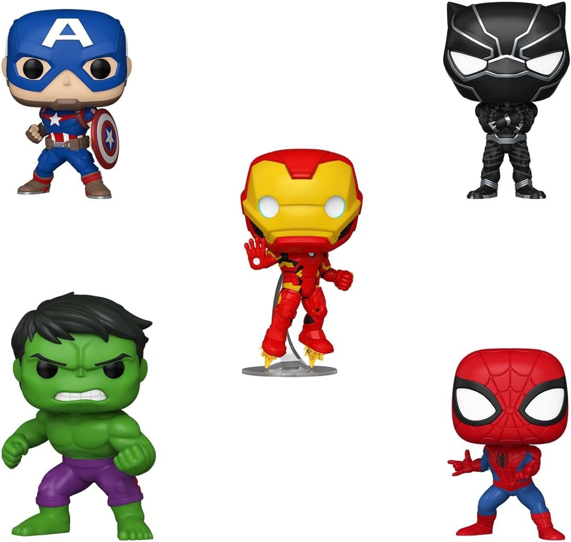 Funko Pop! Marvel: Spiderman/Iron Man/CPT. América/Hulk/Black Panther, 5