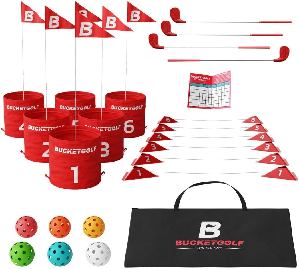 bucketgolf Juego Bundle de 6 Hoyos con Palos - El Mejor Juego de Golf de Patio Trasero para Todas las Edades y Niveles Adultos, Niños, Familias, Escuelas, Patios, Parques, Playas, Vacaciones. (4 Palos