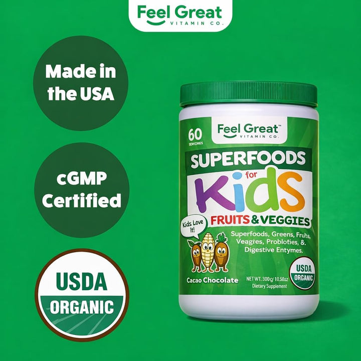 Feel Great USDA Organic Super Greens para niños | Polvo de verduras...