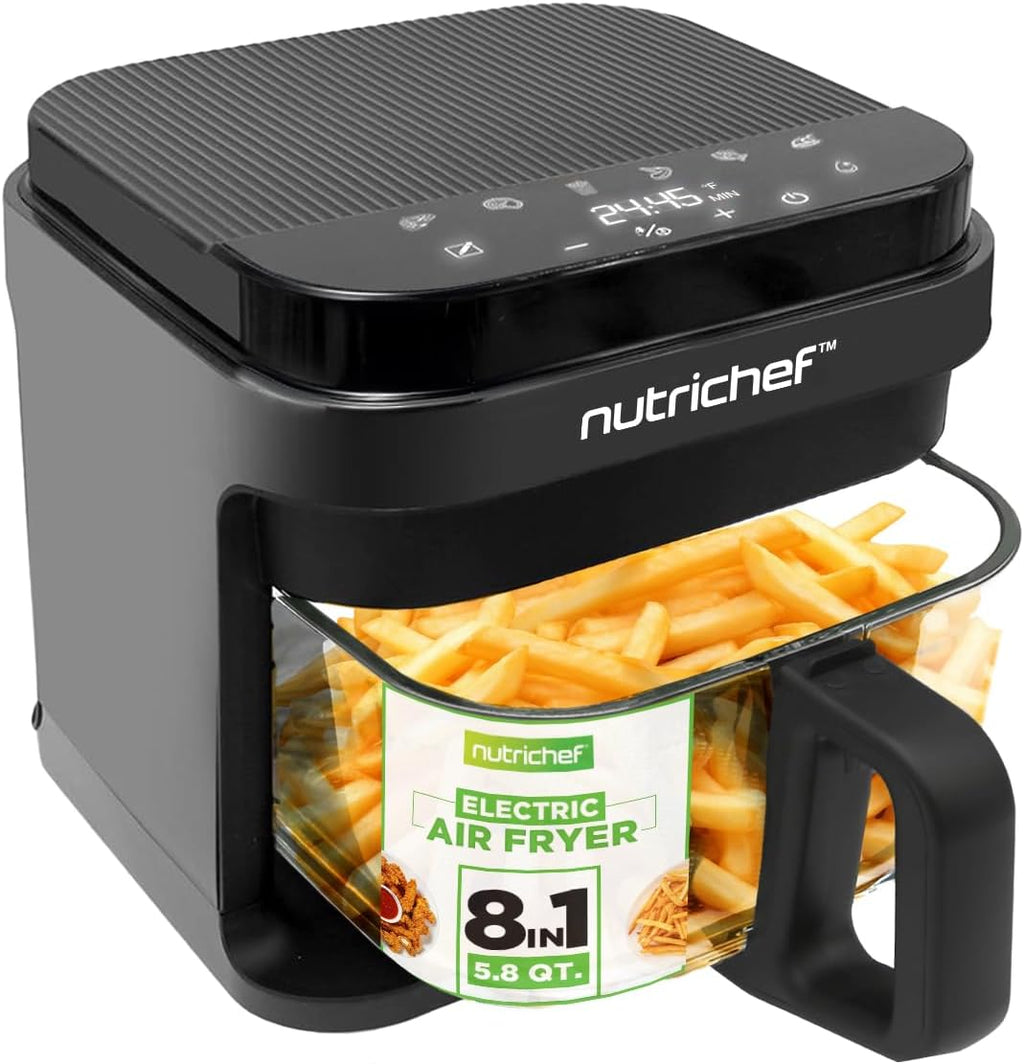 Nutrichef Freidora de aire de 5.8 cuartos | 8 en 1 modos de cocción preestablecidos | Cesta transparente para obtener los mejores resultados de cocción | Cocina camarones, bistec, papas fritas, alas