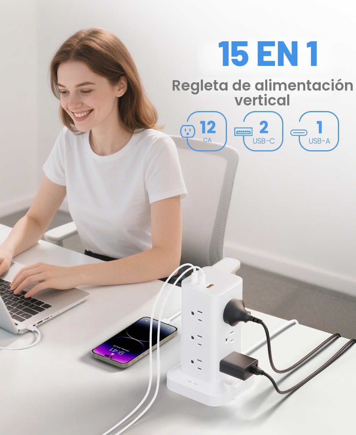 Regleta de alimentación 12AC 3USB, protector contra sobretensiones, cable de extensión de 10 pies, color blanco, 1