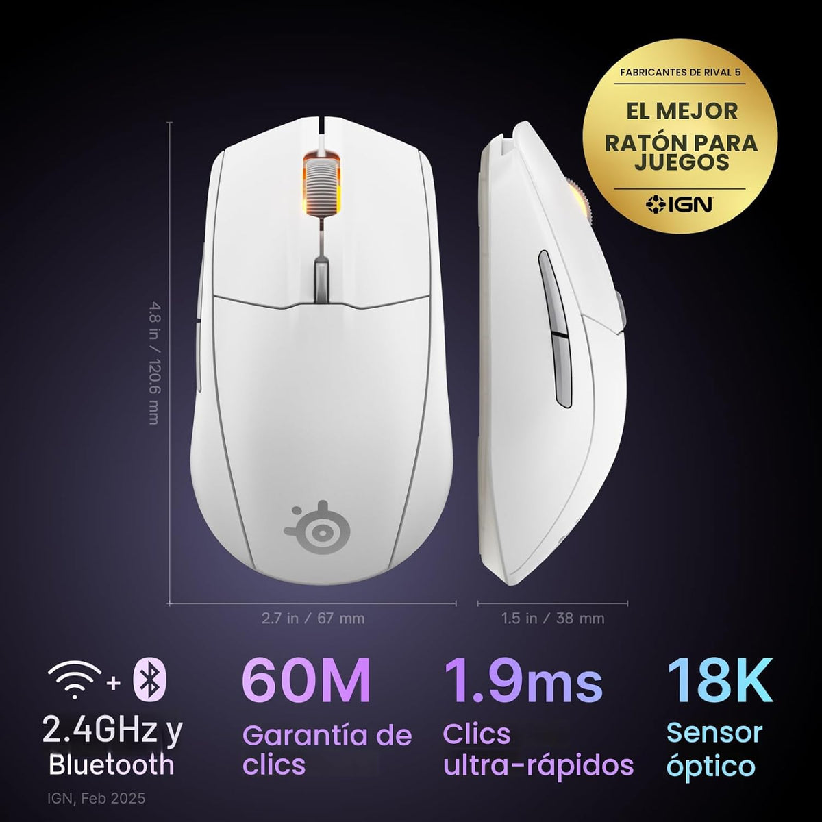 SteelSeries Ratón inalámbrico Rival 3 Gen 2 para juegos, 2.4 GHz y...