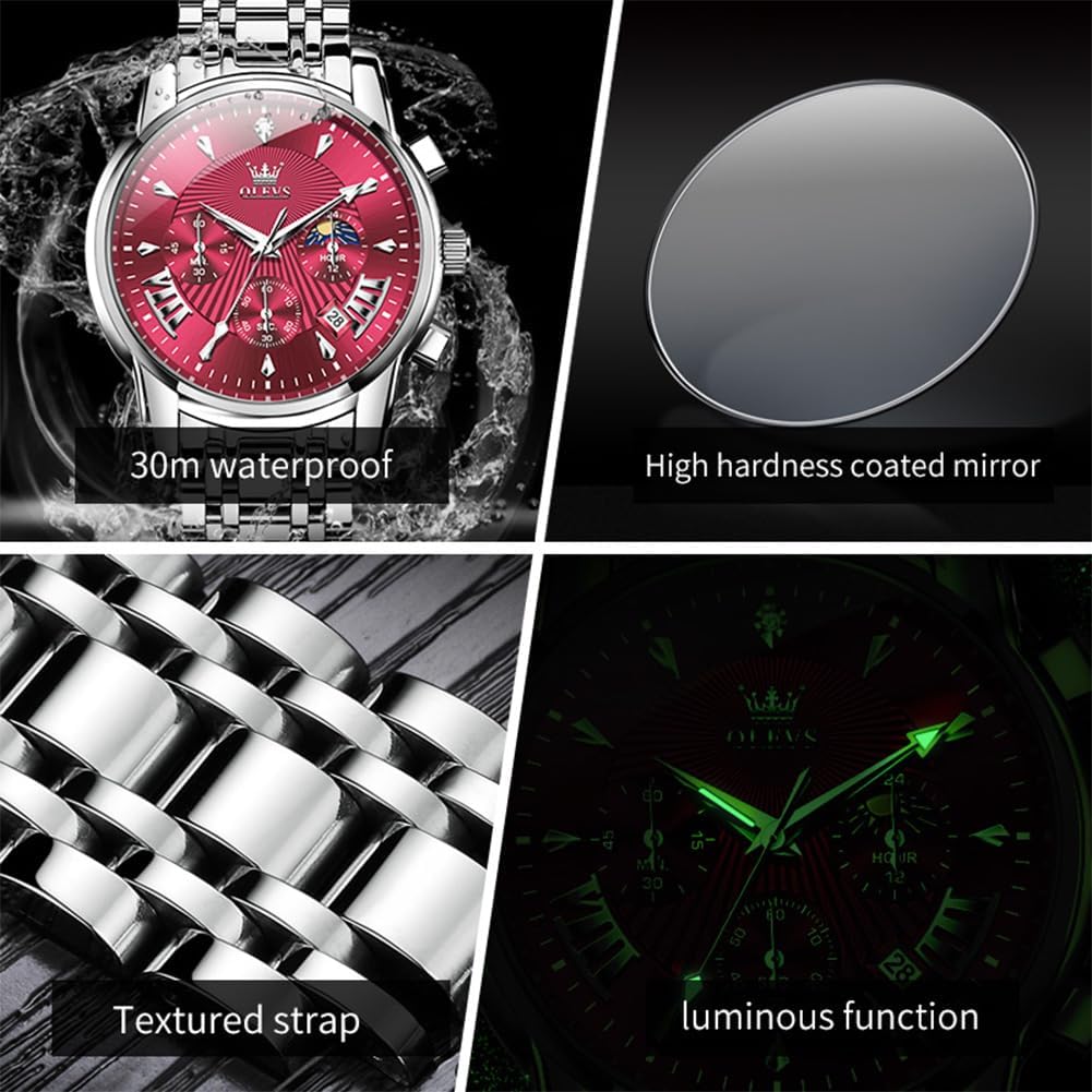 OLEVS Relojes para hombres Luxurious vestimenta acero inoxidable resistente al agua cronógrafo