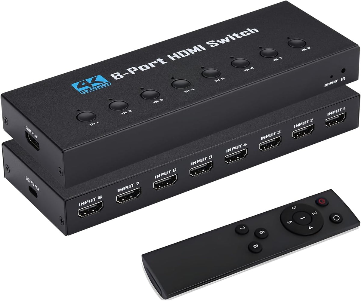 Interruptor HDMI 4K 8 en 1 salida, interruptor HDMI de 8 puertos con control remoto IR, compatible con 4K @30Hz, 3D, 1080P, HDMI 1.4, HDCP 2.2, Ultra HD para HDTV, PS3/4/5, consolas de juegos, etc
