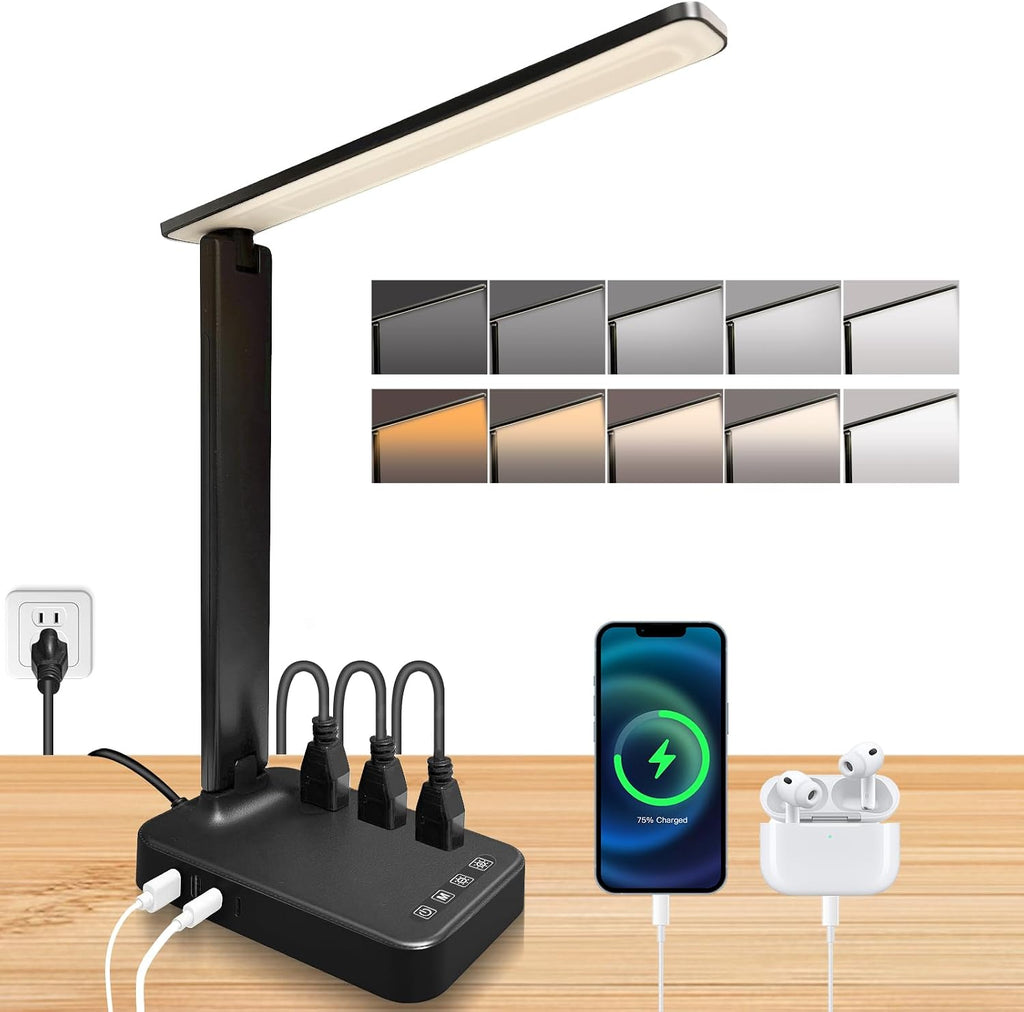 Lámpara karidi Lámpara de escritorio LED con tira de alimentación, 3 salidas de CA y 4 puertos USB (2 USB-C), luz de tareas para el cuidado de los ojos, 5 modos de color, 5 brillo regulable, base resistente