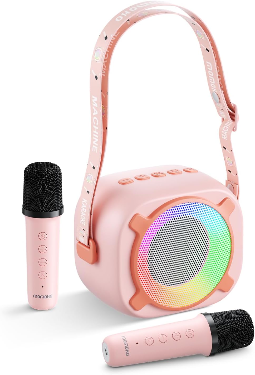 Mini máquina de karaoke con altavoz Bluetooth portátil con 2 micrófonos inalámbricos y luces LED de fiesta para niñas, niños, familia, compatible con tarjeta USB/AUX/TF para regalos de