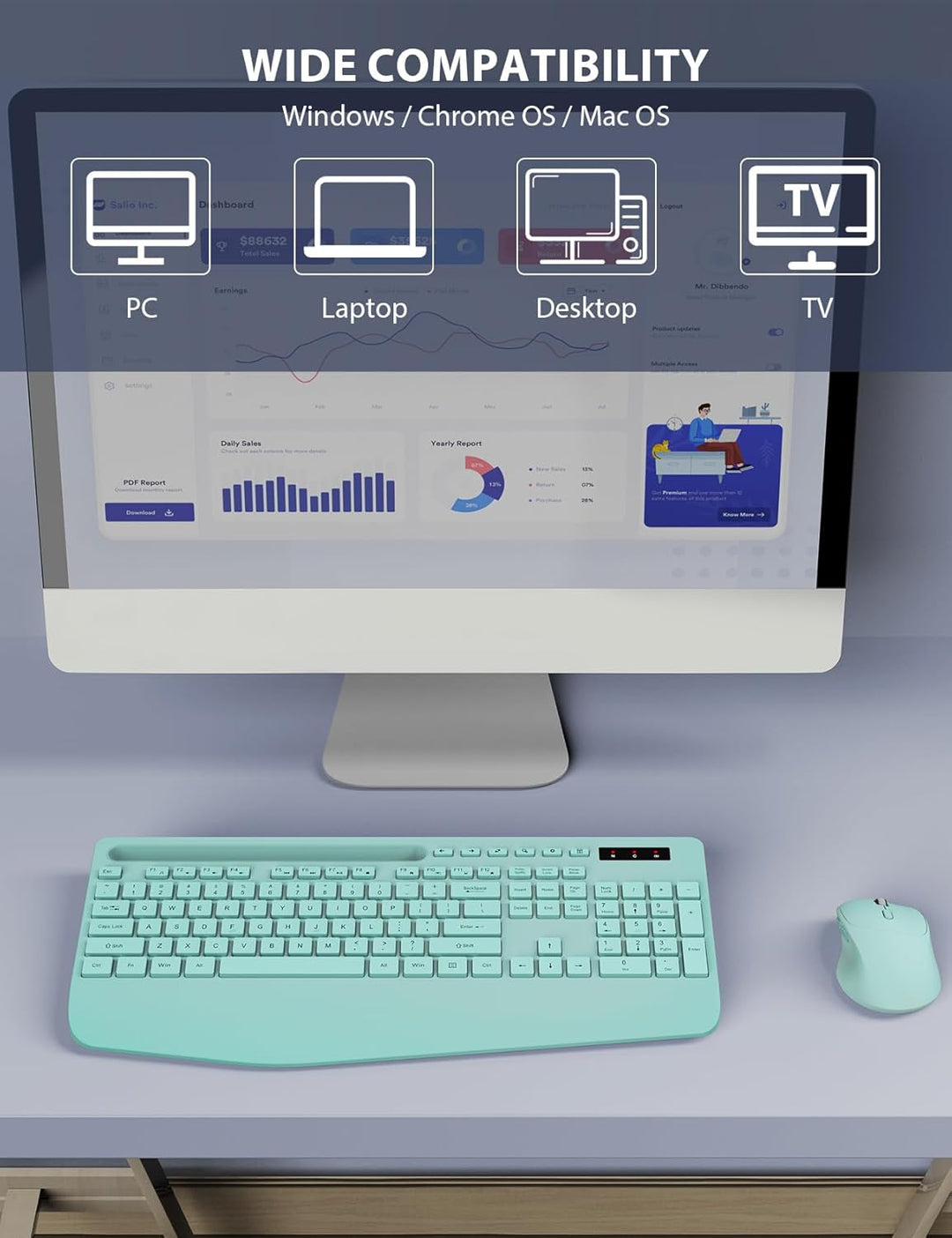 Combo de teclado y mouse inalámbricos, teclado ergonómico de tamaño...