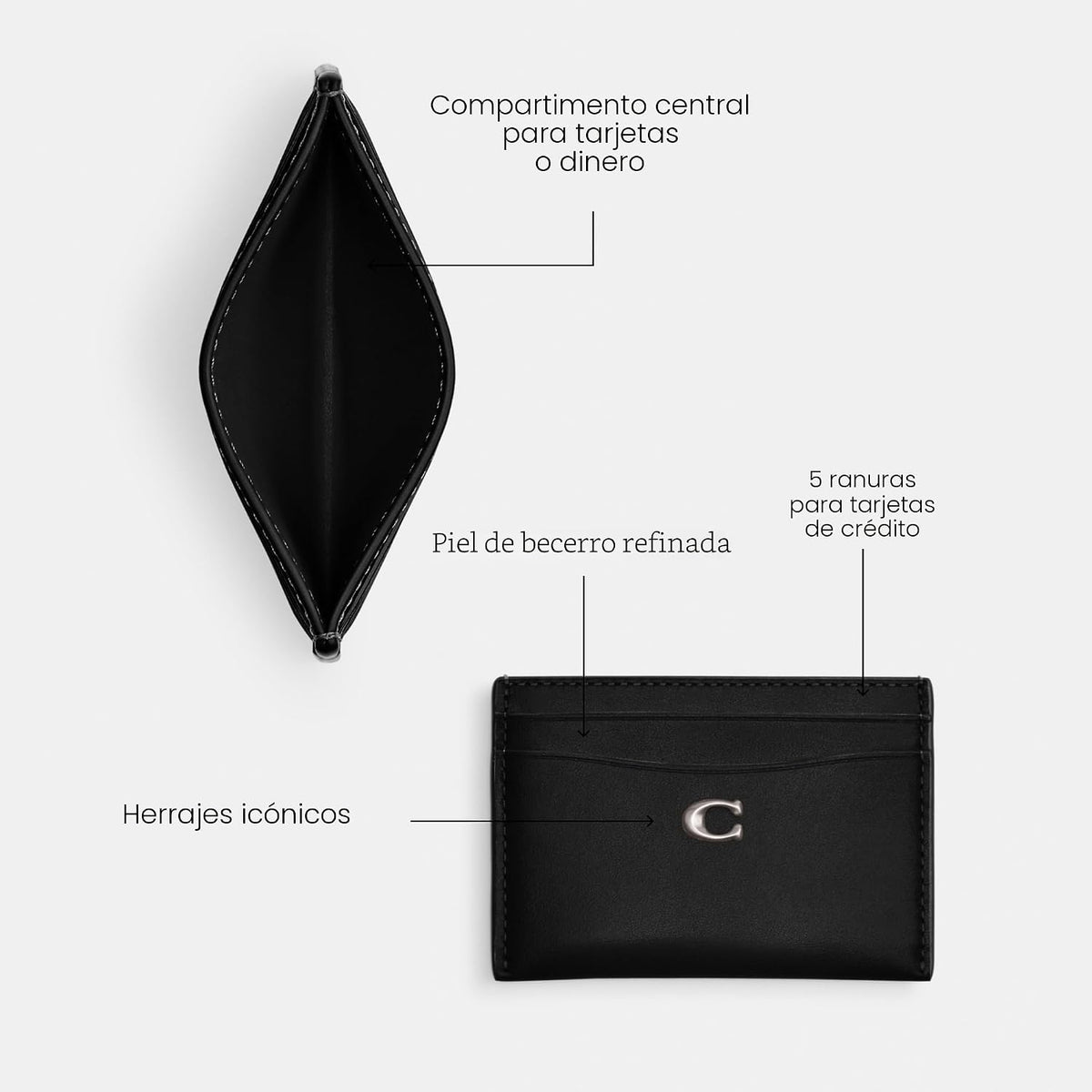 Coach Estuche para tarjetas de cuero refinado para mujer, color negro