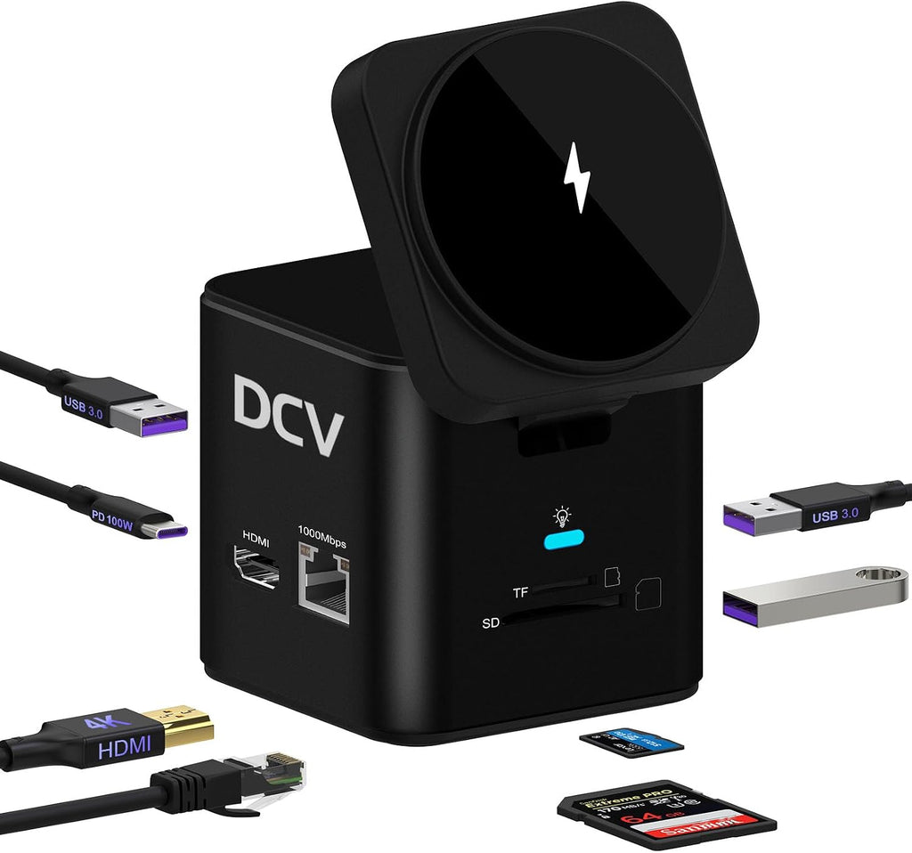 Estación de acoplamiento USB C para laptop con soporte de cargador MagSafe, adaptador multipuerto USB C Hub 9 en 1 con HDMI 4K, Ethernet de 1 Gbps, 3 USB 3.0, SD/TF, compatible con MacBook/Dell/HP