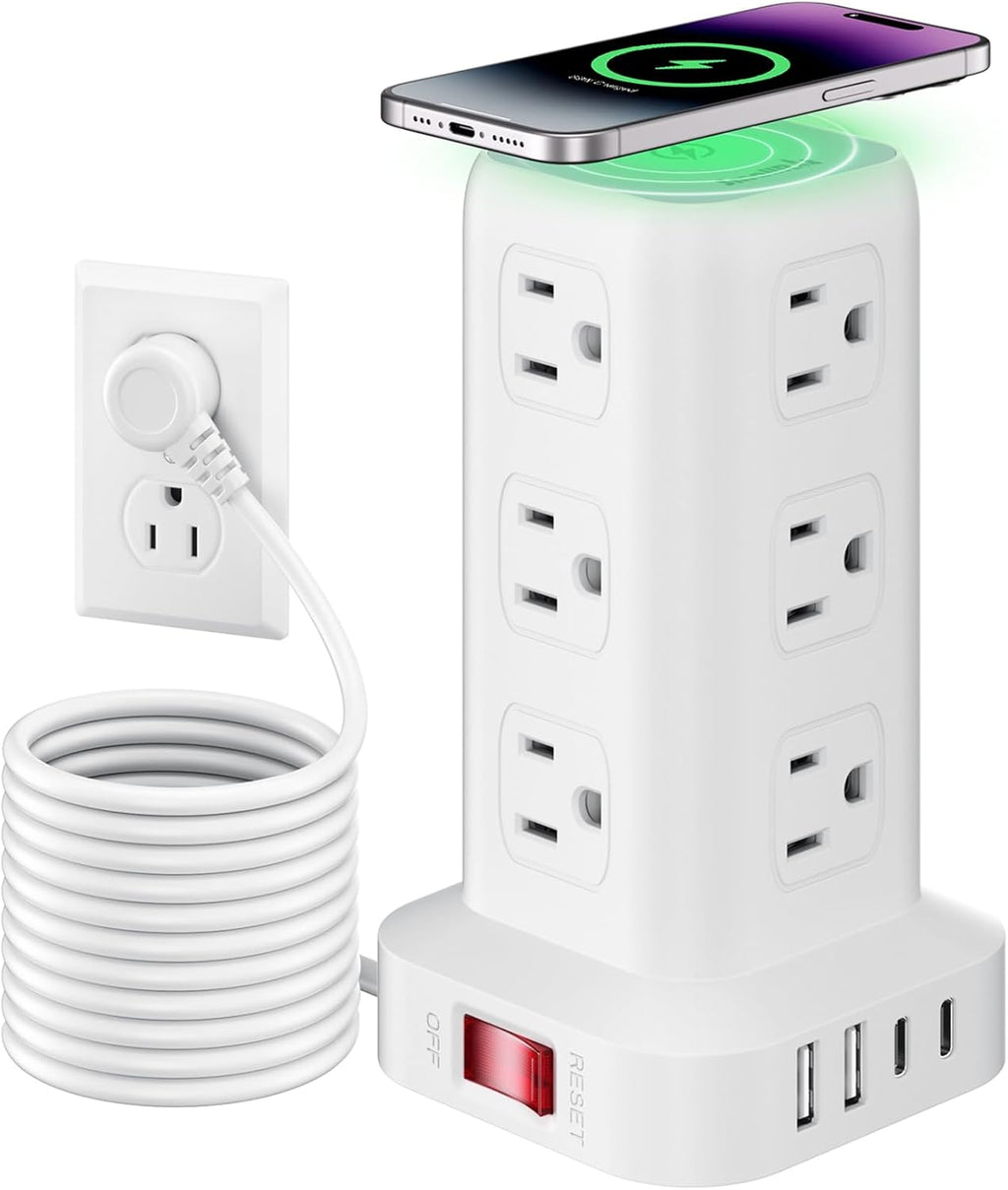 SMALLRT - Cable de extensión con múltiples tomas, torre de regleta de alimentación con protector de sobretensiones, extensor de salida de 10 pies con 12 salidas de CA, 4 USB, regleta de alimentación