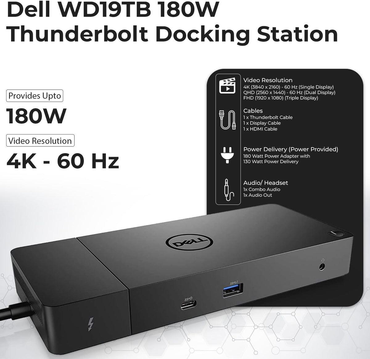 Estación de acoplamiento Thunderbolt Dell WD19TB con adaptador de alimentación de CA de 180 W (entrega de potencia de 130 W) + cable HDMI + cable DisplayPort + cable Thunderbolt + paño de microfibra