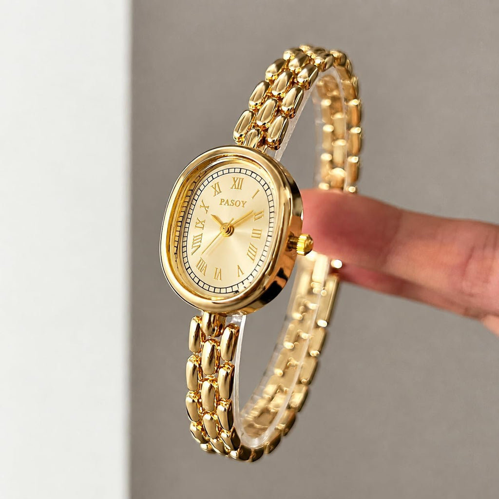Reloj de pulsera para mujer con pantalla pequeña, cuarzo analógico ovalado de cara pequeña (Dorado)