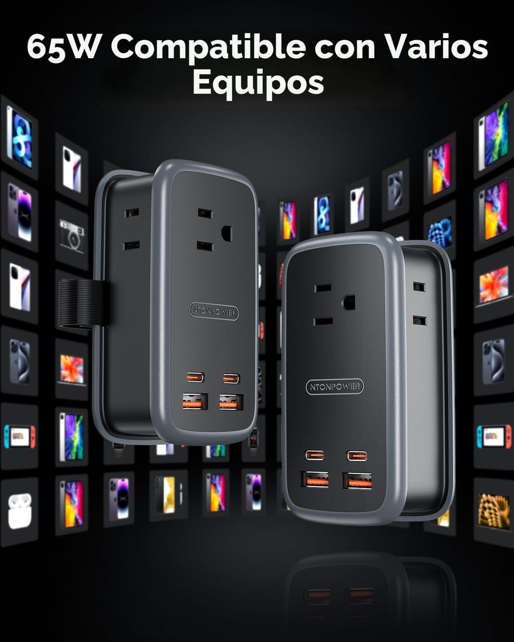 NTONPOWER GAN Ultra - Estación de carga rápida USB de 65 W, regleta de alimentación de viaje 7 en 1 con 3 tomas, 4 USB (2 C), cable de extensión de 4 pies, esenciales de viaje, Cruise Essentials 2026, compatible con MacBook, iPhone