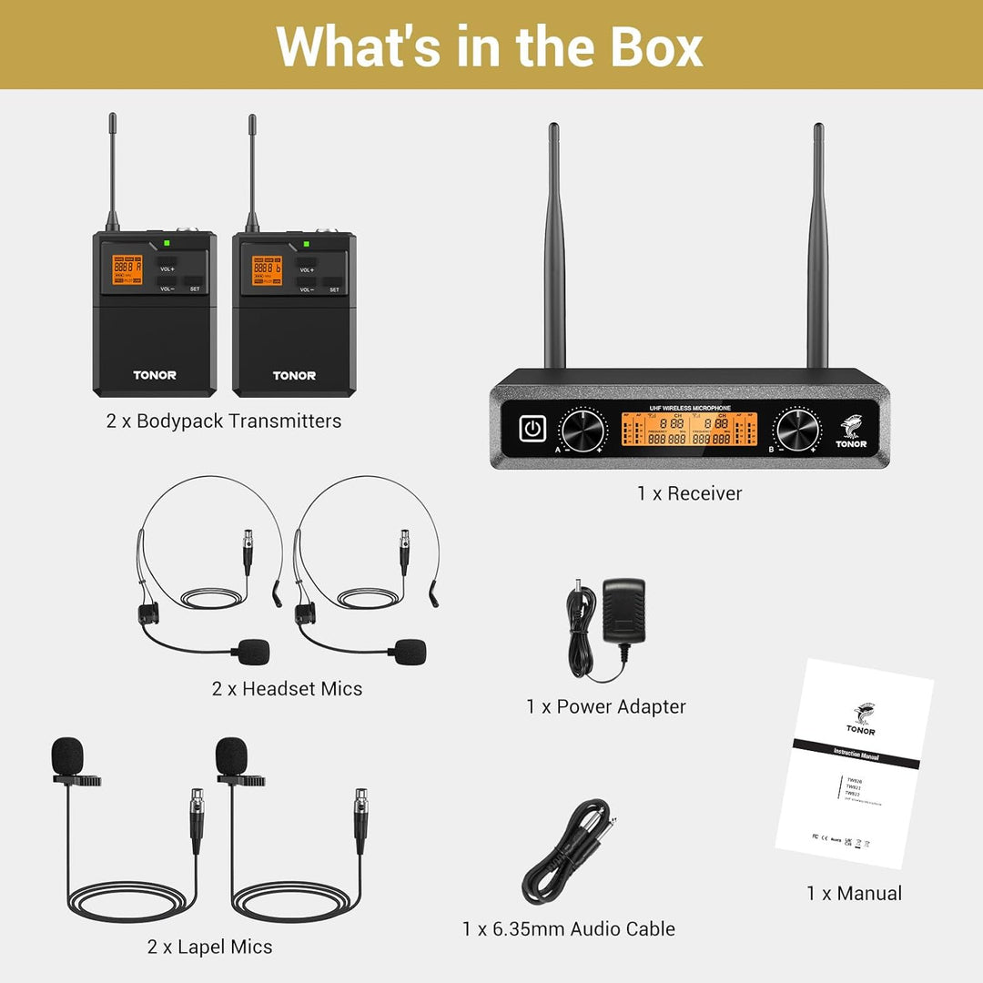 TONOR Sistema de micrófonos inalámbricos UHF con auriculares\/micró...