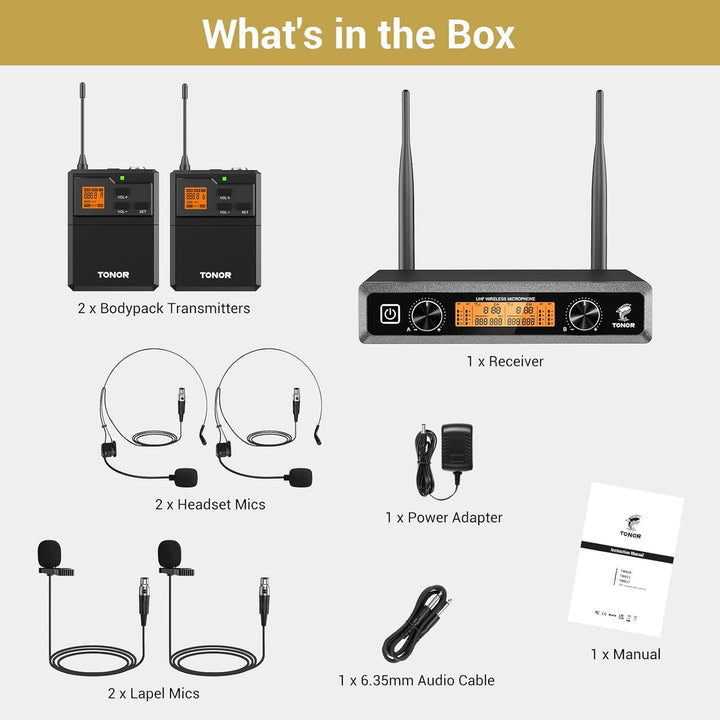 TONOR Sistema de micrófonos inalámbricos UHF con auriculares\/micró...