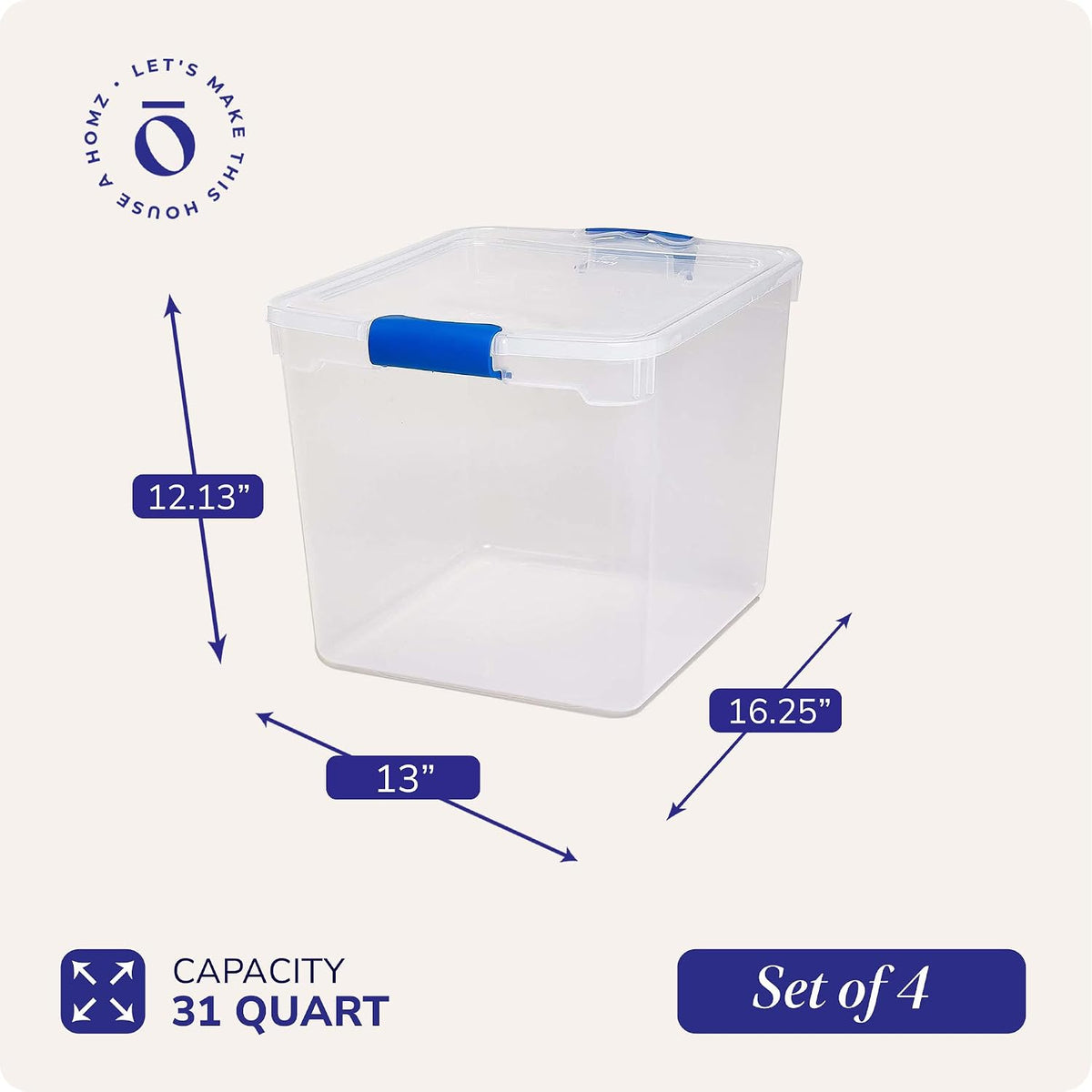 Homz bolsa, Caja de almacenamiento con tapa de plástico, Latching asas, 31 Quart, Claro, apilable, por Homz
