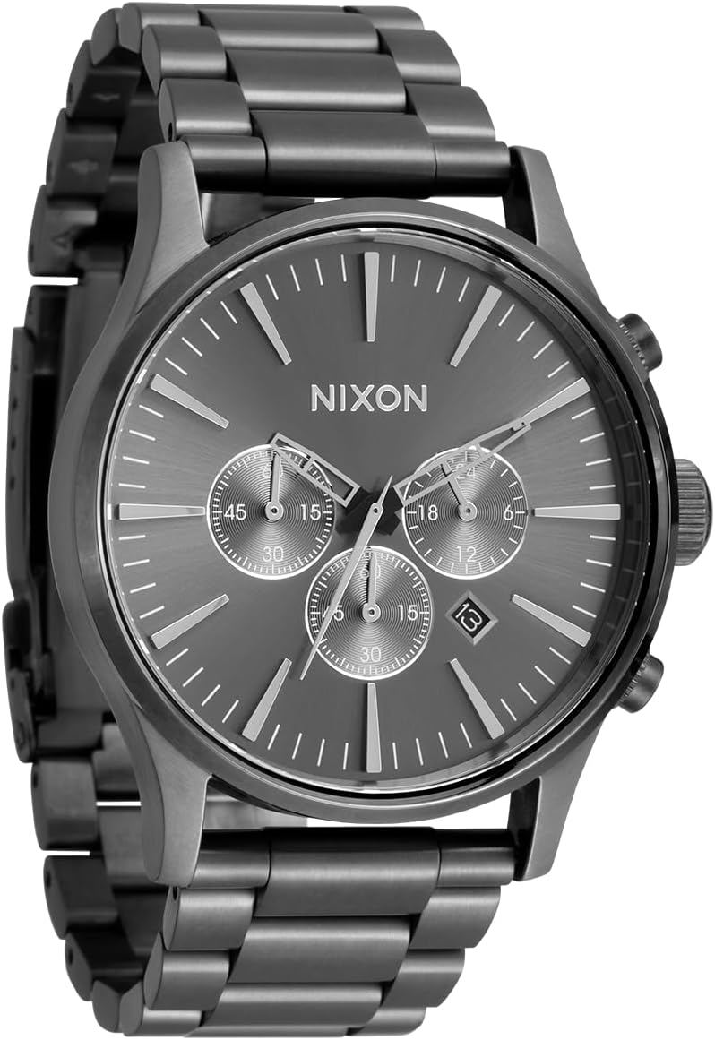 NIXON Sentry Chrono A1390-328.1 ft - Reloj analógico clásico para hombre resistente al agua (esfera de reloj de 1.654 pulgadas, correa de acero inoxidable de 0.81 a 0.78 pulgadas)