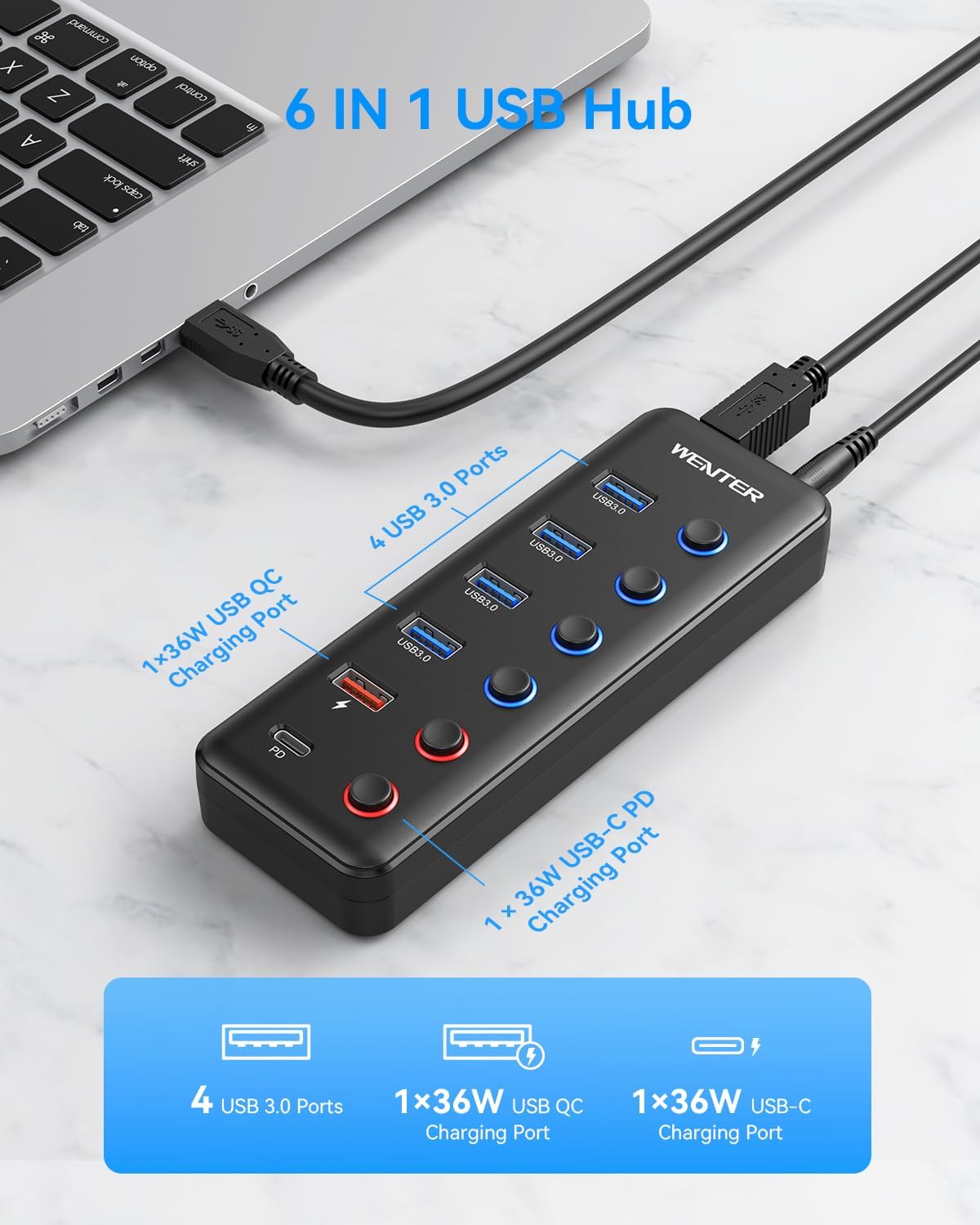 WENTER, hub USB 3.0 de 6 puertos, alimentado