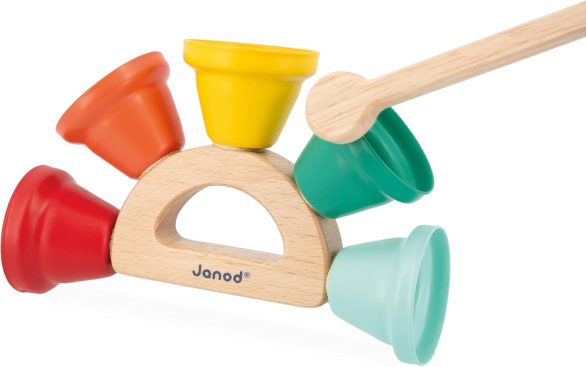 Janod Gioia - Juego de campanas de madera y metal, campanas musicales de 5 notas en soporte de madera con mazo, desarrollo temprano de ritmo y sonido para niños pequeños (18 meses a 3 años) - J07638