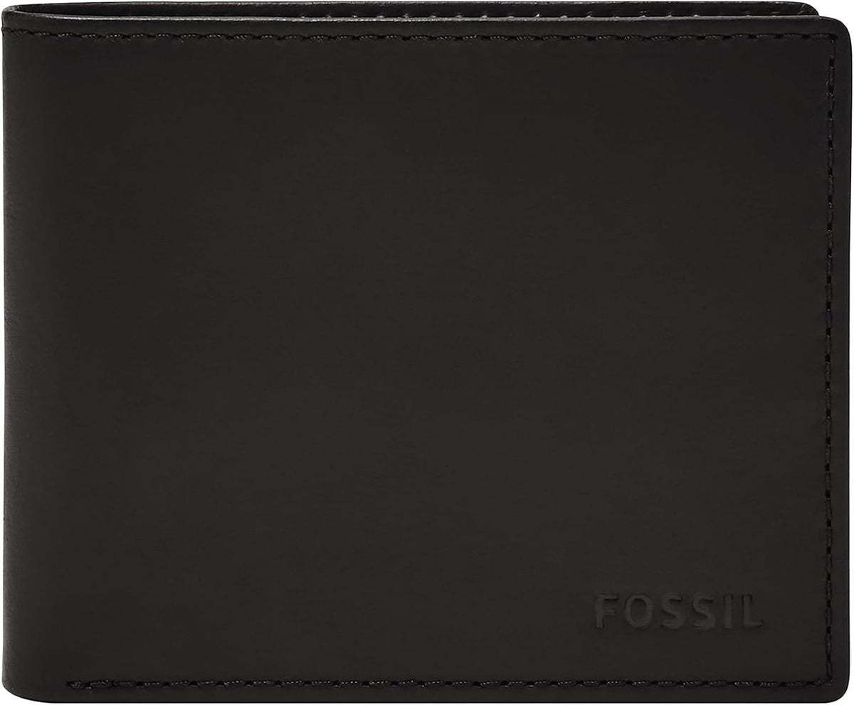 Fossil Derrick - Cartera de piel con bloqueo RFID, plegable con identificación abatible, Negro