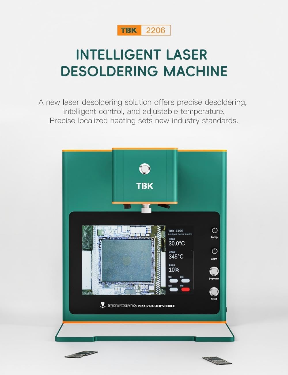 TBK 2206 Estación de soldadura láser 4 en 1 con monitor HD integrado de 10 pulgadas y vista térmica de diagnóstico, unidad de calefacción constante localizada enfocada de 45 W, compatible con