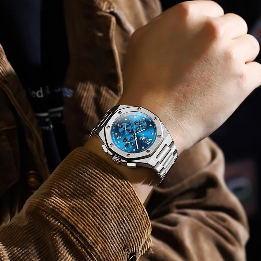 OLEVS Reloj para hombre Big Face Acero inoxidable Impermeable Luminoso Diamante