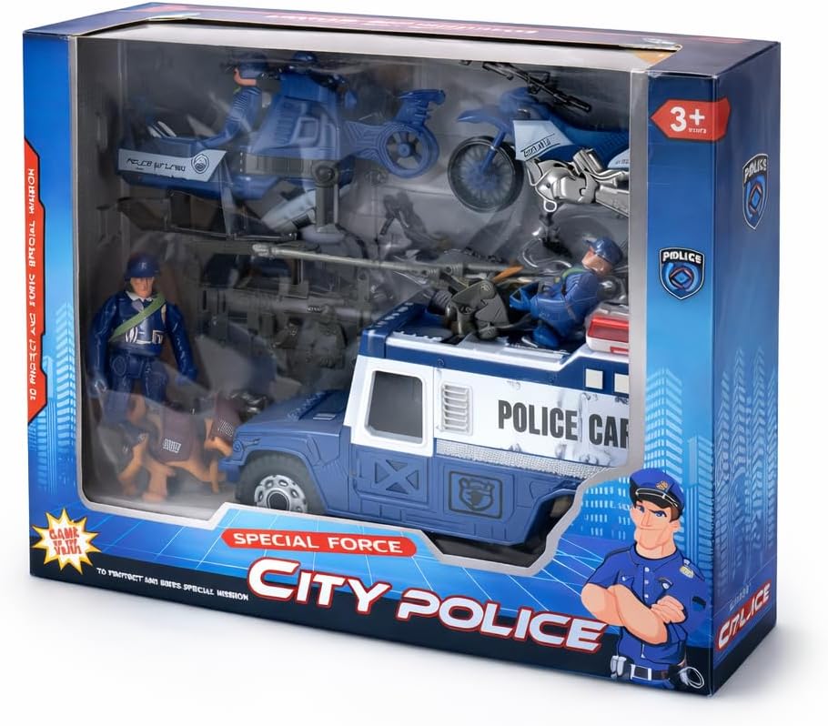Liberty Imports Juego de 8 Piezas de Vehículos de Juguete y Figuras de Patrulla de Rescate Policial - Helicóptero, Camión SWAT, Motocicleta, Figuras de Acción, K-9, Armas y Accesorios para Juego