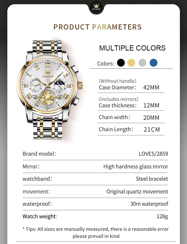 OLEVS Relojes de Oro para Hombres Reloj de Pulsera de Lujo a Prueba de Agua Gran Cara Elegante Acero Inoxidable Analógico Cuarzo Fecha Cronógrafo Luminoso Lectura Fácil Relojes de Negocios Regalos para Hombres Graduación