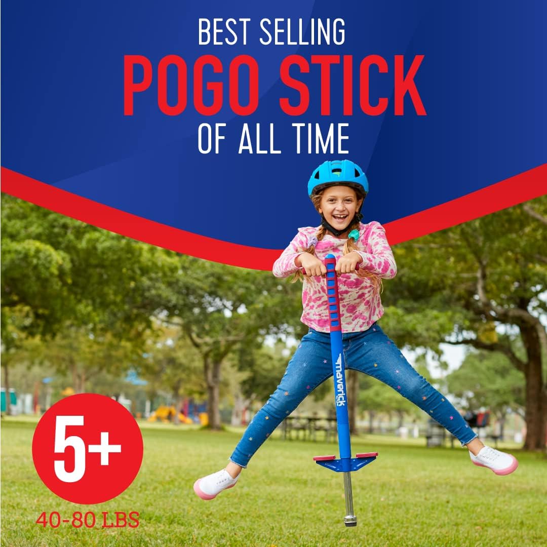 Flybar Maverick Pogo Stick de espuma para niños de 5 años en adelante, 40 a 80 libras, palo de Pogo para niños y niñas (rojo/azul)