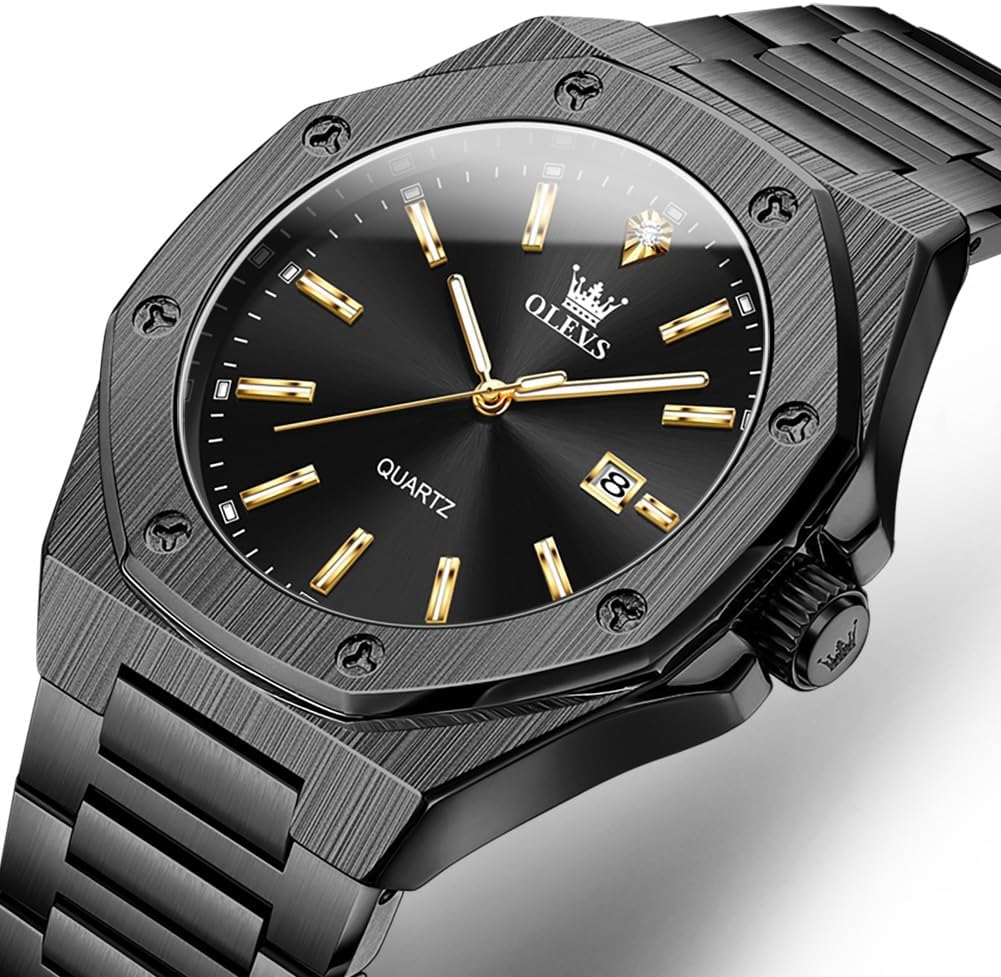OLEVS Relojes para hombres de lujo octagonales en acero inoxidable de pulsera: reloj analógico de cuarzo de cara grande luminosa
