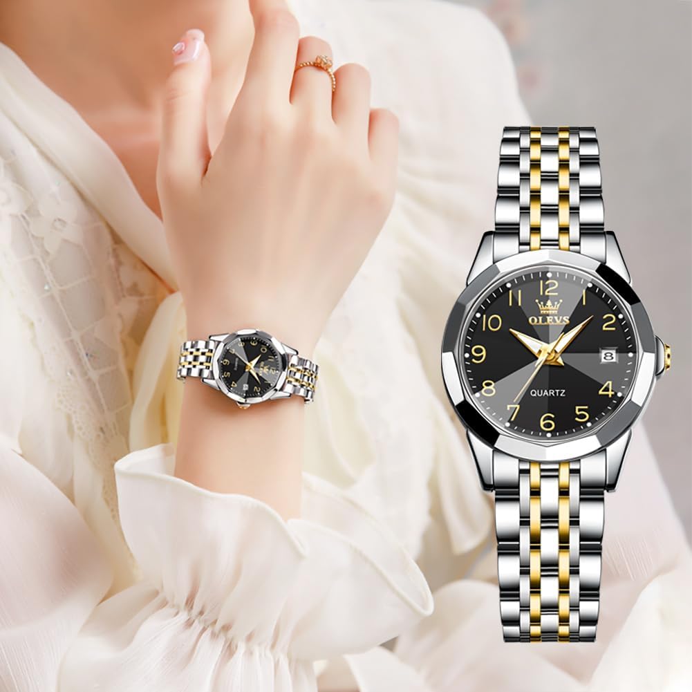 OLEVS Reloj Femenino Clásico de Mujer para Damas Análogo Acero Inoxidable Resistente al Agua Luminosa Día Fecha Dos Tonos de Fácil Lectura en la Muñeca
