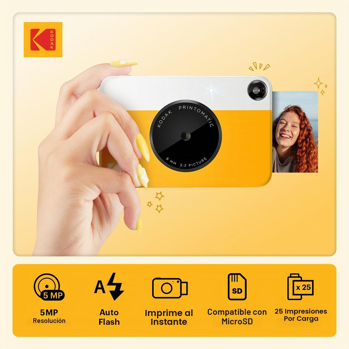 KODAK Printomatic - Cámara digital de impresión instantánea a todo color, Zink de 2 x 3 pulgadas (5.1x7.5 cm), papel fotográfico con parte trasera adhesiva, 5 MP, portátil