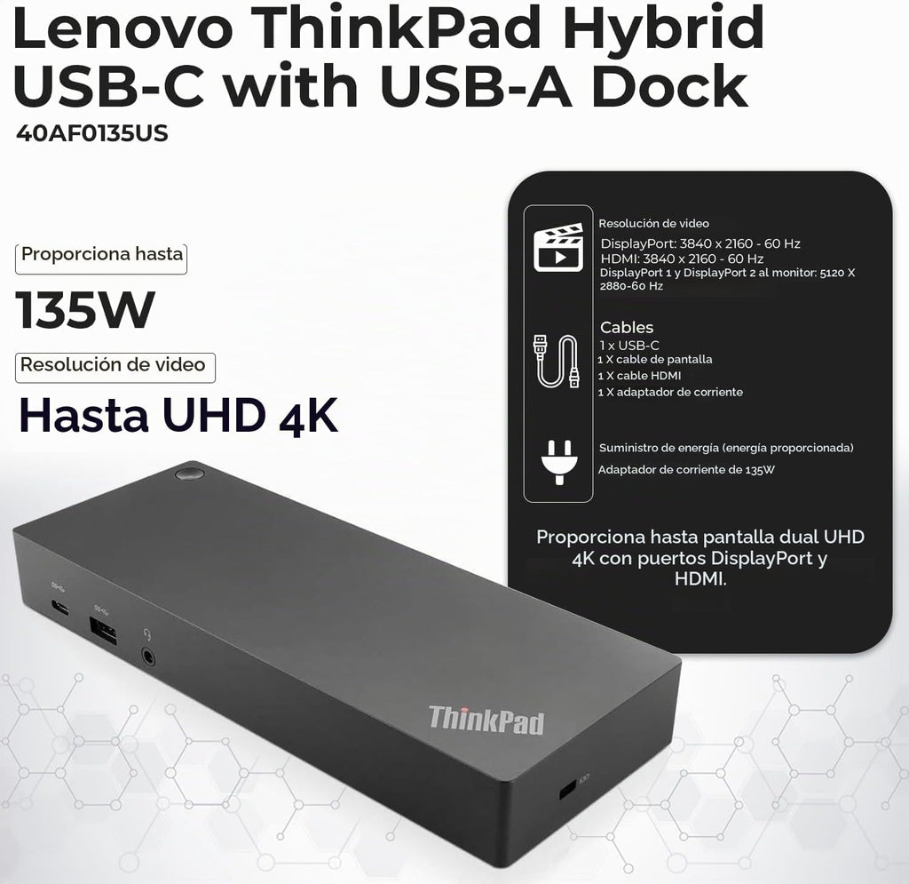 Lenovo 40AF0135US Estación de acoplamiento Thinkpad Dual Monitor híbrido USB-C con USB-A - 1 año de garantía, con adaptador de 135W + cable HDMI + cable DisplayPort + cable USB-C + paño de microfibra