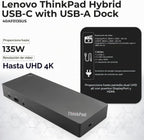 Lenovo 40AF0135US Estación de acoplamiento Thinkpad Dual Monitor híbrido USB-C con USB-A - 1 año de garantía, con adaptador de 135W + cable HDMI + cable DisplayPort + cable USB-C + paño de microfibra