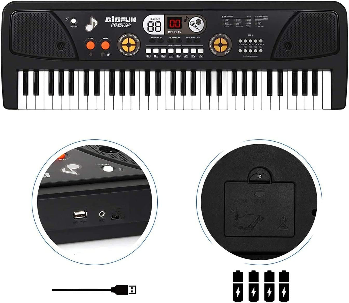 Piano de teclado para niños de 61 teclas con pantalla LED y micrófono