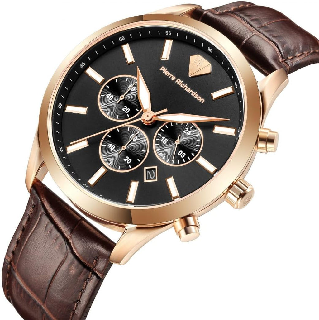 PIERRE RICHARDSON Reloj de lujo para hombre PR2320 - Cuarzo de acero inoxidable plateado, 1.732 in, resistente al agua 5ATM, cristal de zafiro resistente a los arañazos